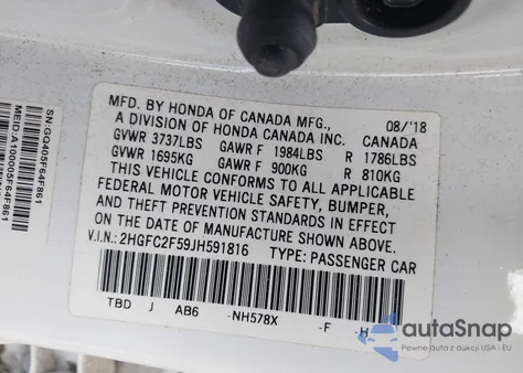 2018 Honda Civic Lx z USA, uszkodzony, nr VIN 2HGFC2F59JH591816